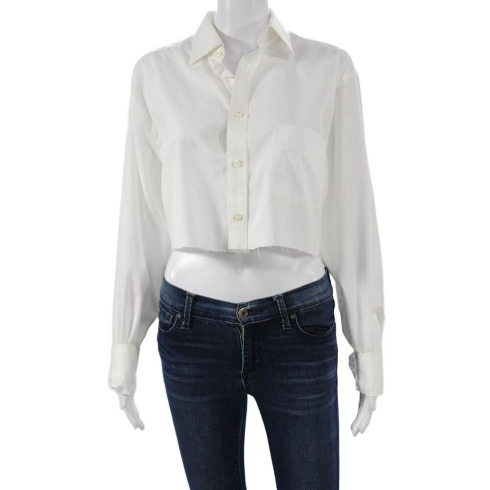 Riley Women White Cropped Button-Up Collared Long Sleeve Cotton Top Size One